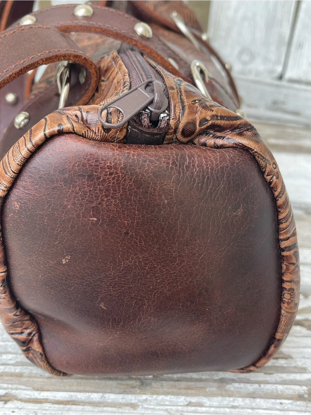 Harley-Davidson Brown Tooled Leather Barrel Satchel Shoulder Bag